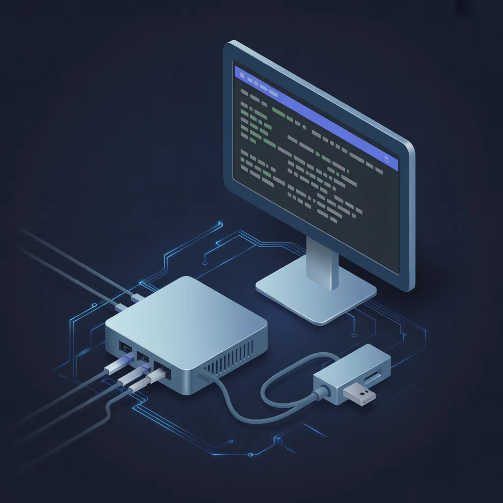 Desktop kiosk configuration with mini PC, monitor, and write-blocker